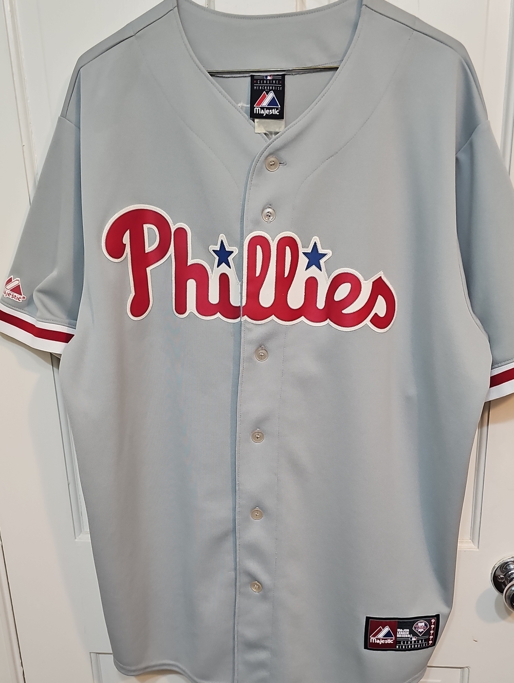Majestic Phillies Gray Ibanez Jersey with Red Script and Blue Stars